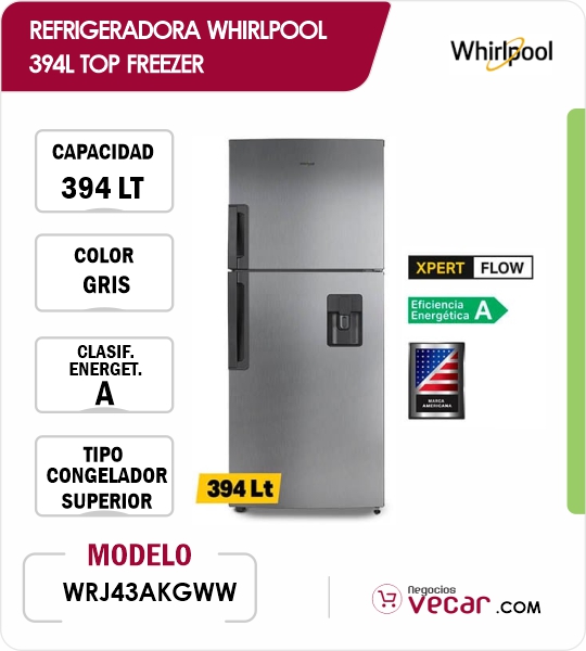REFRIGERADORA WHIRLPOOL 394L WRJ43AKGWW TOP FREEZER GRIS