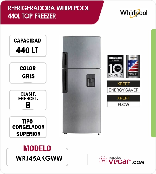 REFRIGERADORA WHIRLPOOL 440L WRJ45AKGWW TOP FREEZER GRIS