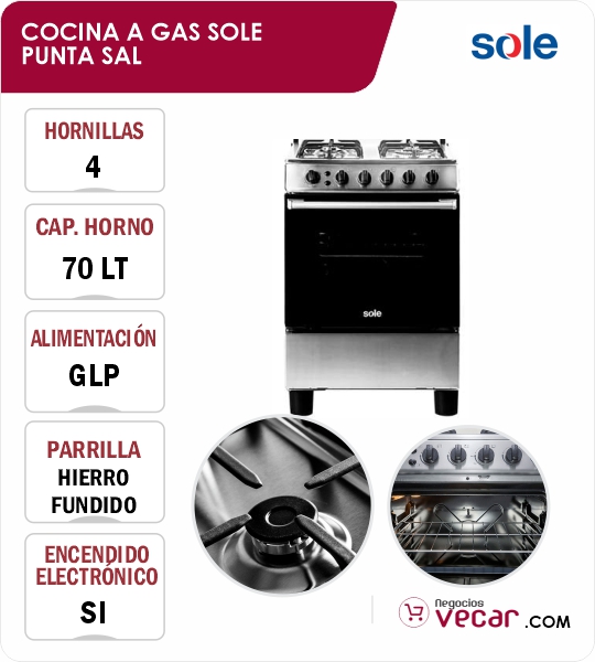 COCINA A GAS SOLE 4 HORNILLAS PUNTA SAL 60CM