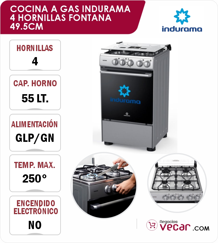 COCINA A GAS INDURAMA 4 HORNILLAS FONTANA 49.5CM