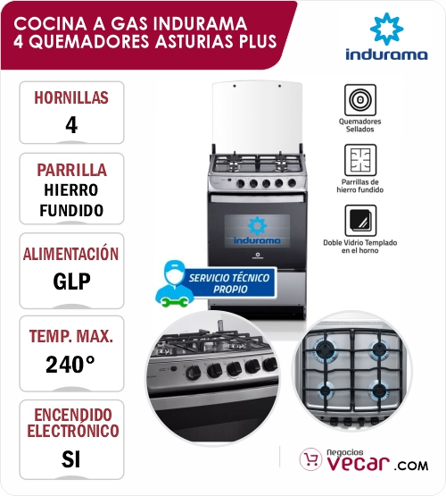 COCINA A GAS INDURAMA 4 QUEMADORES ASTURIAS PLUS