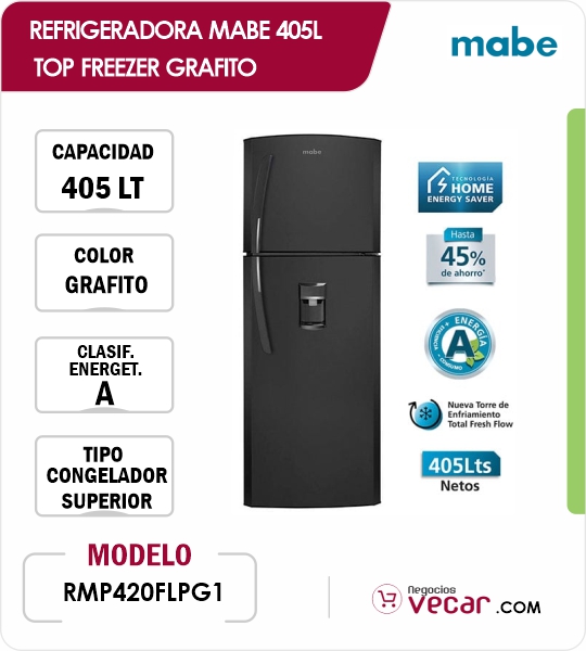 REFRIGERADORA MABE 405L RMP420FLPG1 TOP FREEZER GRAFITO