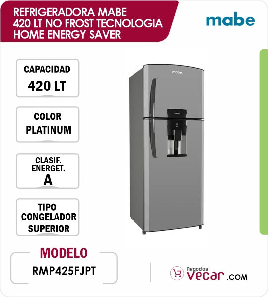 REFRIGERADORA MABE 420 LT RMP425FJPT NO FROST TECNOLOGIA HOME ENERGY SAVER COLOR PLATINUM