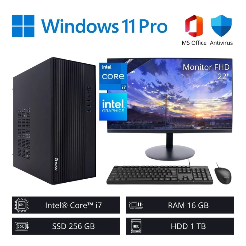 COMPUTADORA PC INTEL CI7 3,90 GHZ 16GB RAM 256GB SSD + 1TB HDD / MONITOR 22 PULGADAS FHD