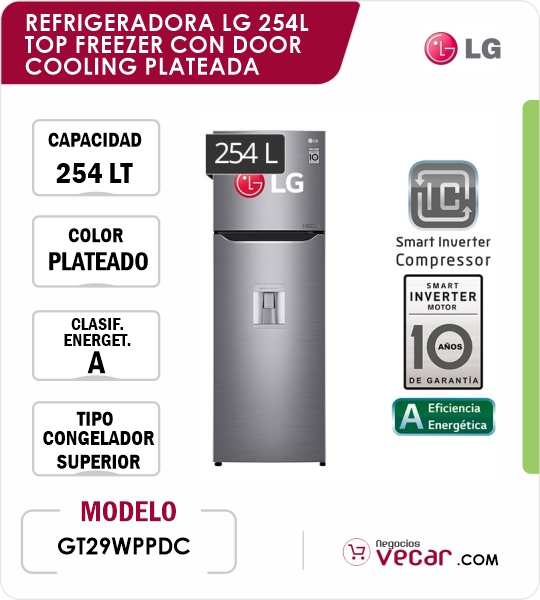 REFRIGERADORA LG 254L GT29WPPDC TOP FREEZER CON DOOR COOLING PLATEADA