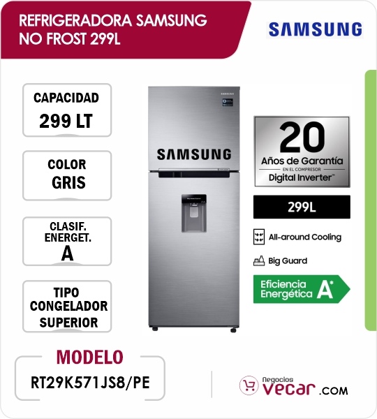 REFRIGERADORA SAMSUNG NO FROST RT29K571JS8 299L