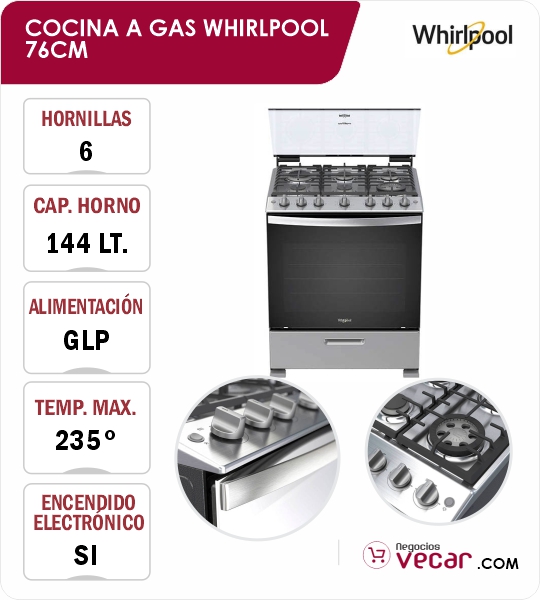 COCINA A GAS WHIRLPOOL 6 HORNILLAS LWFR5020D 76CM